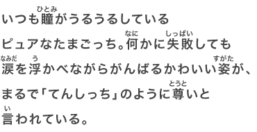 いつも瞳がうるうるしているピュアなたまごっち。何かに失敗しても涙を浮かべながらがんばるかわいい姿が、まるで「てんしっち」のように尊いと言われている。