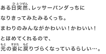 ある日突然、レッサーパンダっちになりきってみたみるくっち。まわりのみんながかわいい！かわいい！とほめてくれるので、元の姿に戻りづらくなっているらしい…。