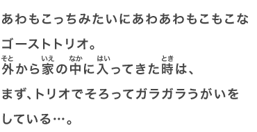 あわもこっちみたいにあわあわもこもこなゴーストトリオ。外から家の中に入ってきた時は、まず、トリオでそろってガラガラうがいをしている…。