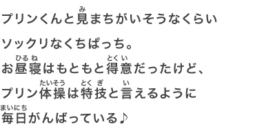 プリンくんと見まちがいそうなくらいソックリなくちぱっち。お昼寝はもともと得意だったけど、プリン体操は特技と言えるように毎日がんばっている♪