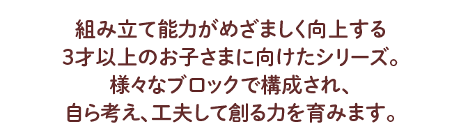 組み立て能力がめざましく向上する 3才以上のお子さまに向けたシリーズ。 様々なブロックで構成され、 自ら考え、工夫して創る力を育みます。