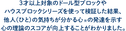 3才以上対象のドール型ブロックや ハウスブロックシリーズを使って検証した結果、 他人（ひと）の気持ちが分かる心※の発達を示す 心の理論のスコアが向上することがわかりました。