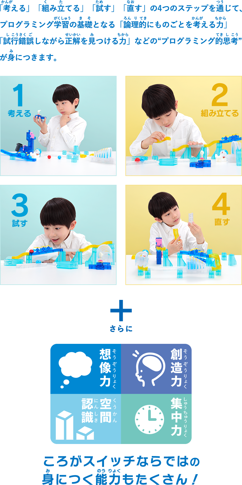 「考える」「組み立てる」「試す」「直す」の4つのステップを通じて、プログラミング学習の基礎となる「論理的にものごとを考える力」「試行錯誤しながら正解を見つける力」などの“プログラミング的思考”が身につきます。