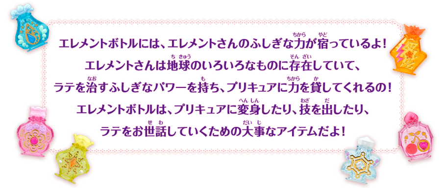 エレメントボトルには、エレメントさんのふしぎな力が宿っているよ！