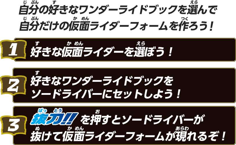 自分の好きなワンダーライドブックを選んで自分だけの仮面ライダーフォームを作ろう！